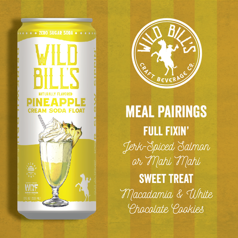 Can of Wild Bill's Pineapple Cream Soda Float with meal pairings on a yellow striped background