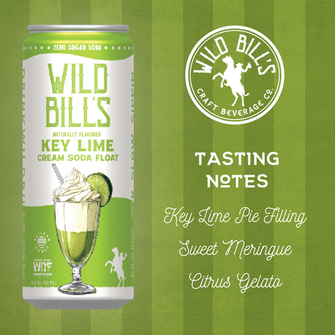 Can of Wild Bill's Key Lime Cream Soda Float on a green striped background with tasting notes.