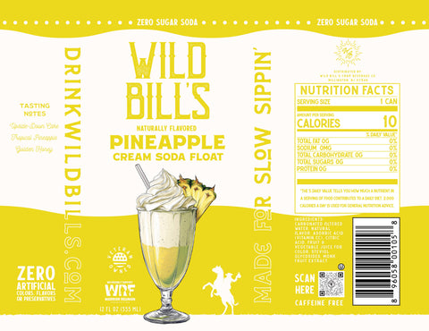 Wild Bill's Pineapple Cream Soda Float label with a glass of soda and pineapple on a yellow background.