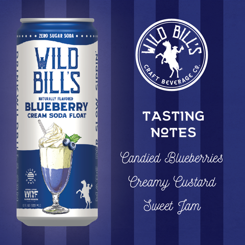 Wild Bills Blueberry Cream Soda Float can with tasting notes on a blue striped background