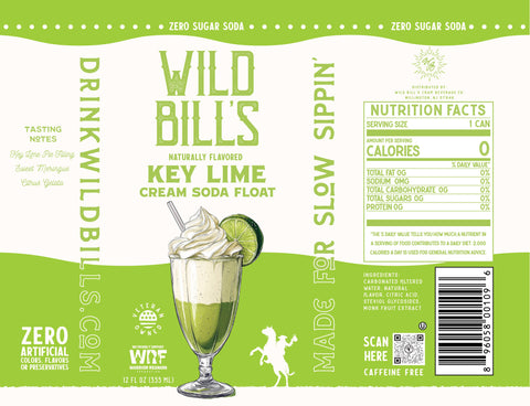 Label of Wild Bill's Key Lime Cream Soda Float with a green and white design.