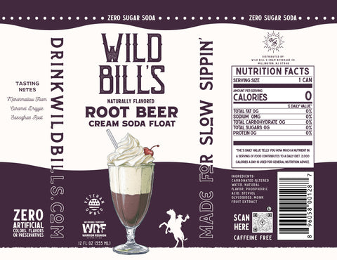 Label of Wild Bill's Root Beer Cream Soda Float with a glass illustration and nutritional information.