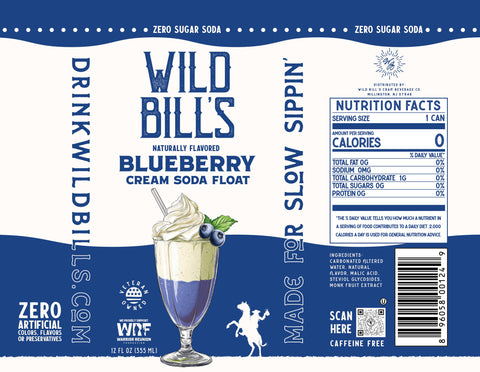 Wild Bill's Blueberry Cream Soda Float label with a glass of soda and cream on a white background.