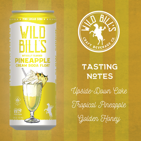 Can of Wild Bills Pineapple Cream Soda Float on a yellow striped background
