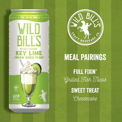 Can of Wild Bill's Key Lime Cream Soda Float on a green striped background with brand logo and meal pairings text.