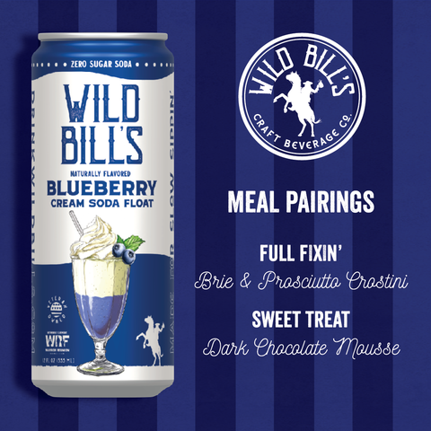 Can of Wild Bill's Blueberry Cream Soda Float with brand logo and meal pairings on a blue striped background
