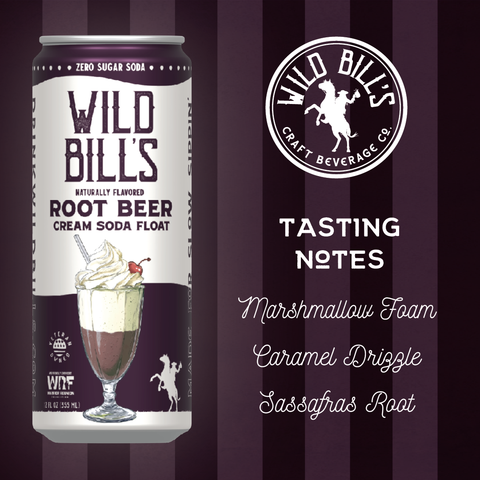 Can of Wild Bill's Root Beer Cream Soda Float with tasting notes on a striped background