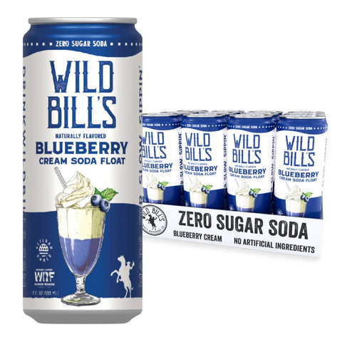 Can of Wild Bill's Blueberry Cream Soda Float with packaging of six cans on a white background