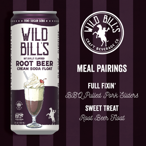 Can of Wild Bill's Root Beer Cream Soda Float with meal pairings on a striped background